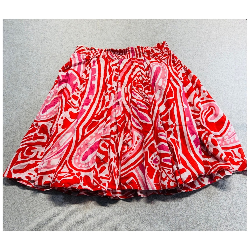 Banana Republic Womens L Red Pink Paisley Cotton Skirt Elastic Waist Lined Boho